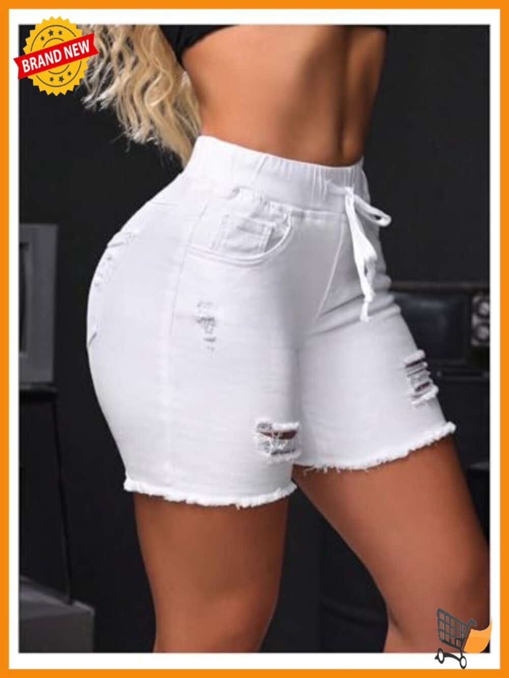 Skinny Drawstring Waist Distressed Denim Shorts - Picture 3 of 4